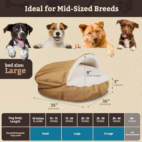 Image of Snoozer Cozy Cave Dog Bed - Indoor Dog Bed with Cover Cave, Covered Calming Burrow for Small & Medium Sized Pets with Blanket Attached, Enclosed, Removable Washable Cover - Large, Camel