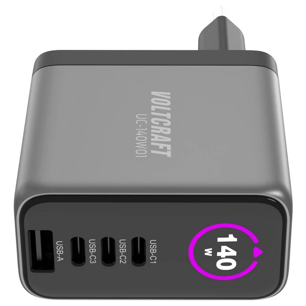 Voltcraft UC-140W01 - Cargador USB (1 puerto USB-A, 3 puertos USB-C® USB PD negro, GaN, USB Power Delivery (USB-D), cargador rápido