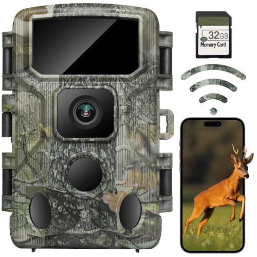 KJK Trail Camera 4K 64MP WiFi Bluetooth Game Camera, Night Vision Wildlife Hunting Camera, 0.1s Trigger Motion Activated, IP67 Waterproof, 130° Wide Angle, 32GB SD Card for Deer & Farm Security