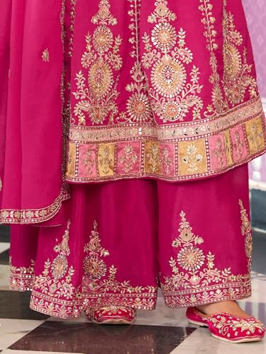 Image of INDO ERA Women's Anarkali Chinon Ethnic Motifs Embroidered Kurta & Palazzo with Dupatta Set (IEOUT10822)