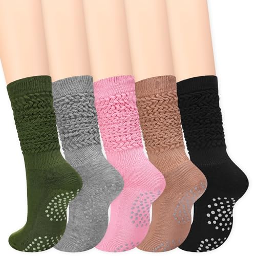 Image of Jeyiour 5 Pairs Grip Pilates Socks for Women Non Slip Barre Yoga Slouch Socks for Athletic Ballet Dance Workout Hospital