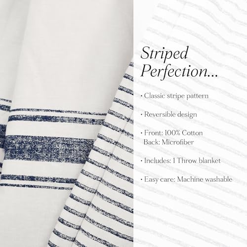 Image of Lush Decor Farmhouse Stripe Reversible Throw, Single, 50 inch W x 60 inch L, Navy - Blue Throw Blanket For Bed - Soft Blanket - Couch Throw - Rustic Farmhouse Decor