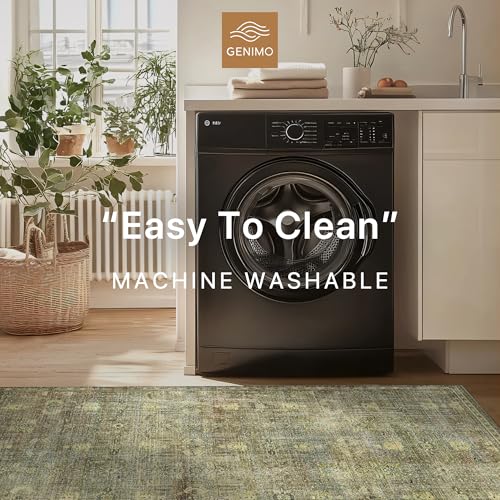 GENIMO 2x5 Non Slip Hallway Runner Rug, Machine Washable, Thin & Low Pile Lightweight for Kitchen, Laundry, Entryway, Bedroom & Living Room, Vetiver-Green