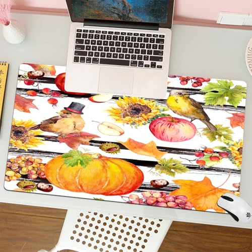 MESHIZIY Mauspad (400 × 900 MM) Verlängertes großes Mauspad Schreibtischauflage, rutschfeste Gummibasis, Gaming-Mauspad XLVögel, Obst und Gemüse (Kürbis, Äpfel, Beeren, Nüsse) mit Herbstblättern. T