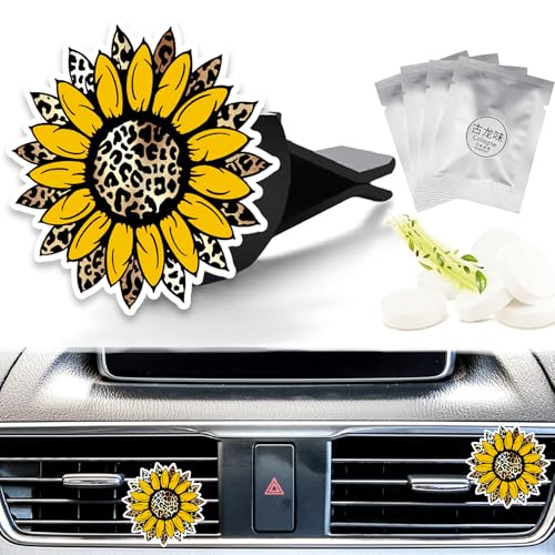 Image of Cute Car Air Freshener Clips Leopard Sunflower Car Vent Clip Sunflower Cars Scents Cologne Air Conditioner Clip Auto Vent Interior Decoration Cars Accessories Sunflowers Loves Gifts for Women Men