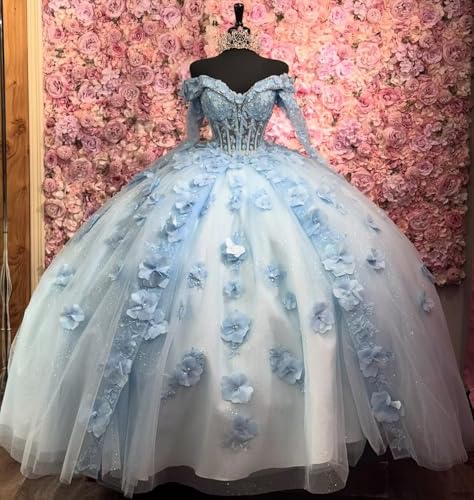 Long Sleeves Quinceanera Dresses with Bow Sweetheart XV Dresses 3D Floral Puffy Ball Gown YU0112