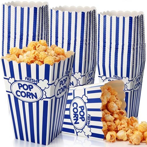 Image of Xinnun 100 Pcs Popcorn Boxes 32oz Classic Stripe Paper Buckets Disposable Oil Proof Popcorn Container Retro Open Top Box for Movie Night Supplies Theaters Carnival Birthday (Dark Blue)