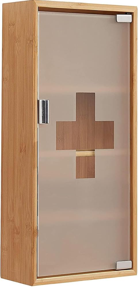Zedelmaier Medizinschrank aus Bambus, hängeschrank, Hausapotheke, Erste Hilfe Schrank,Glastür mit Magnetverschluss，Arzneischrank 4 Fächer，12T x 27B x 57H cm