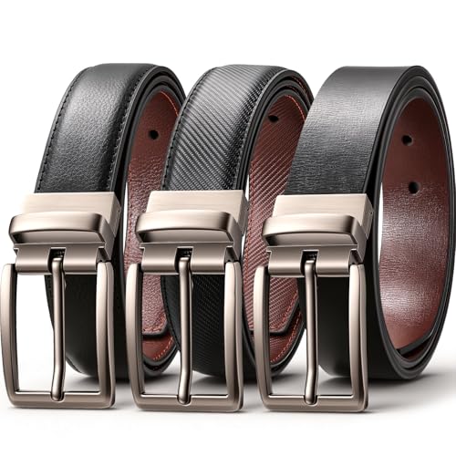 LMUGOOS 3 Pack Mens Belt Reversible Genuine Leather Belts - Adjustable & Cuttable 1.2 for Dress Business Casual & Jeans | Ideal Gift for Men Dad Husband on Birthday Anniversary & Fathers Day