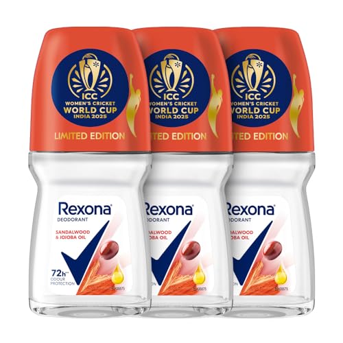 Image of Rexona Sandalwood & Jojoba Oil Antiperspirant Roll-On | for Women | 72H Odour Protection | Limited Edition Pack - ICC Women's Cricket World Cup India 2025 |50 ML (Pack of 3)