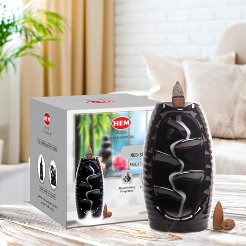Image of Hem Backflow Incense Burner Set - Plate Fountain | Handcrafted Ceramic Holder with 10 Backflow Cones | Meditation,Prayer & Relaxation | Perfect for Decor,Yoga & Spiritual Spaces, Black