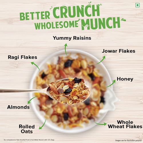 Image of Tata Soulfull Crunchy Millet Muesli, 700 g, Contains Wholegrains Nuts & Fruits, Source of Protien, High Fibre, Contains Ragi & Jowar (Pack of 3)