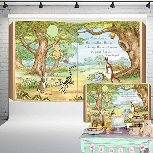 Claasic Pooh Giant Book Backdrop Gender Neutral Baby Shower Decorations Vintage Winnie Bear Green Balloon in Hundred Acre
