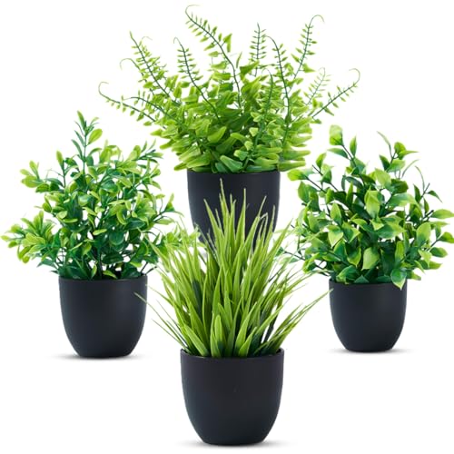 Laelfe Mini Künstliche Pflanzen, 4 Stück Kleine Kunstpflanzen mit Schwarzem Topf Plastikpflanzen Fake Plant für Badezimmer Zubehör Zuhause Büro Tischdekoration