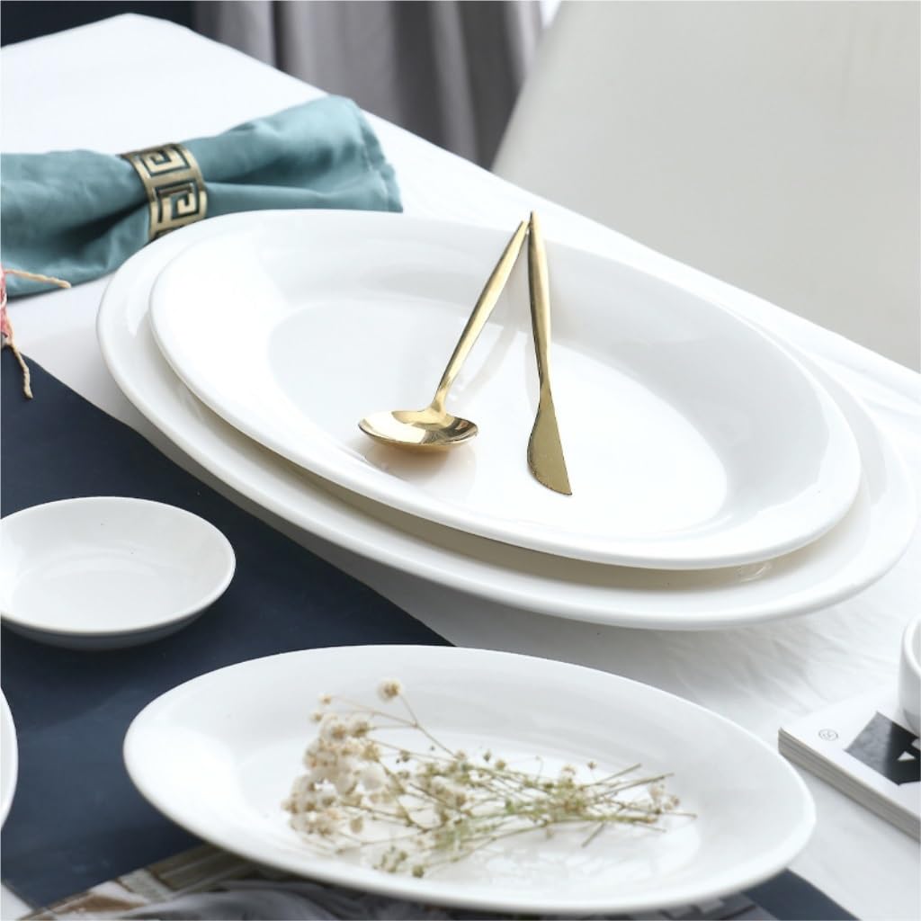 ENGENDER Fruttiera Piatto da Pesce for Uso Domestico in Ceramica Bianca Pura, Ovale, al Vapore Cestino per Frutta(A-8.26in)