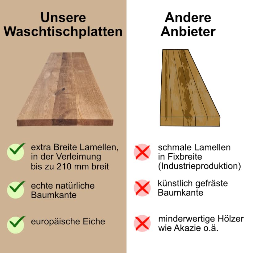 MyTimber® Waschtischplatte aus Eiche Massivholz | 4cm Starke Eichenbohlen | Ideal für Aufsatzwaschbecken | Baumkante oder gerade Kante (Baumkante - gespachtelt & geölt, 100x50cm)