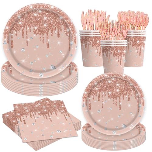 140Pcs Rose Gold Happy Birthday Party Decorations White Gold Paper Plates Napkins Cups Tableware Set Women Men Birthday Themed Party Decor for 20 Guests (Rose Gold)
