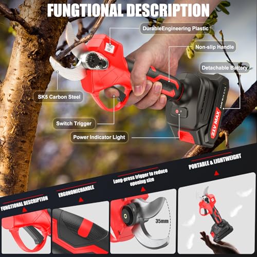 XIAZIR 35 mm Akku Gartenschere mit bürstenlosem Motor, elektrische Astschere mit LCD-Display, 2× 21V 2000mAh Akkus und SK5-Stahlklinge, leistungsstarker Astschneider für Bäume, Garten und Obstgarten