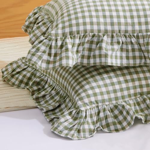 2 Pack Sage Green White Plaid Ruffled Throw Pillow Covers 18x18 inches,100% Cotton Gingham Pillow Shams, Farmhouse Checkered Ruffle Throw Pillow Cases for Couch and Bed, Sage Green/White Plaid
