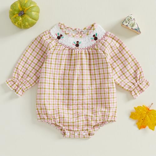 Baby Girl Thanksgiving Outfit Turkey Smocked Bubble Romper Long Sleeve Plaid Bodysuit Infant Fall Clothes2