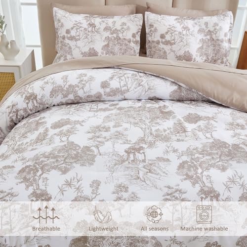 Image of DJY Khaki Comforter Set Full Size,7 Pieces Bed in a Bag Botanical Comforters with Sheets Elegant Plants Print Soft Microfiber Reversible Complete Bedding Sets for All Season