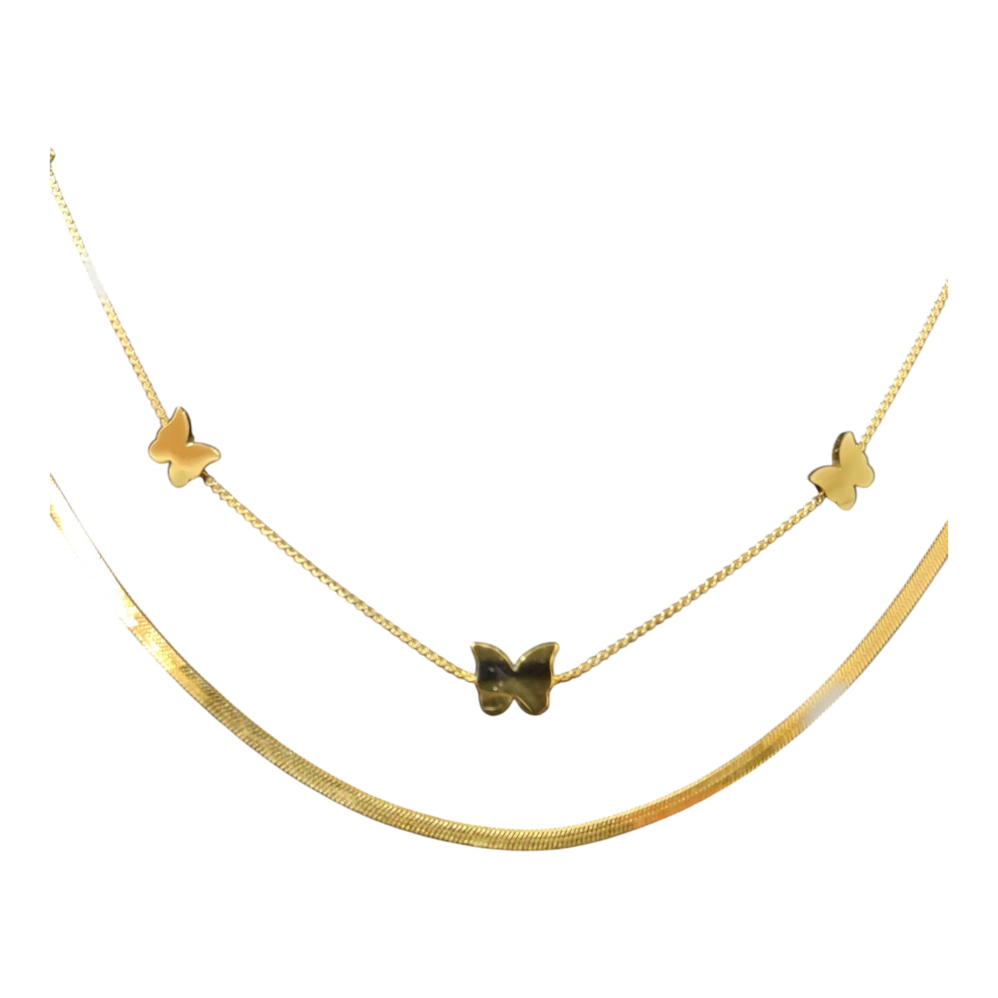 ™ Gold Plated Layered Butterfly Necklace Set – Dual Chain Choker with Delicate Butterfly Charms & Flat Herringbone Snake Chain for Women-image-6