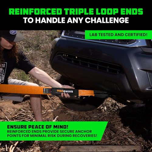 Image of Rhino USA Recovery Tow Strap (3 inchx20')- 31,518lb Break Strength- Emergency Recovery Strap Tow Rope for Truck, UTV, ATV & More- Heavy Duty Towing Strap for Offroad 4x4 Use- Compatible with Jeep (Orange)