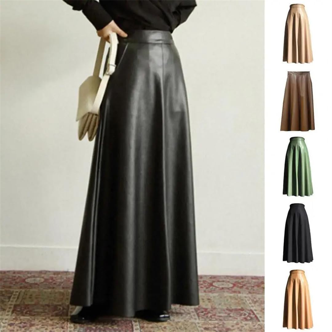 Faldas de cuero para mujer, cintura elástica, bolsillos laterales, falda maxi de piel sintética, color sólido, falda de oficina para mujer