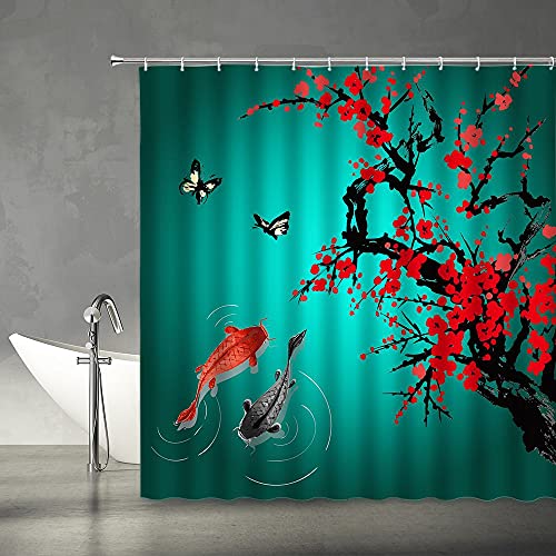 Showchang Red Cherry Blossom Shower Curtain Asian Japanese Flower Branch Koi Fish Oriental Antique Chinese Ink Painting Landscape Bathroom Decor Set With Hooks（70 Inch Wx70 H） thumb #1
