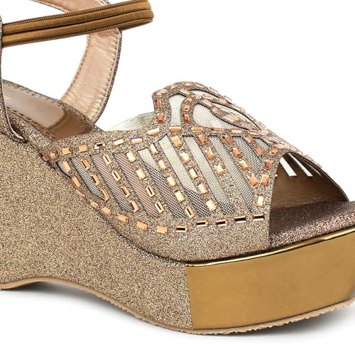 Image of Action Women's Glitter Platform Sandals| Block Heel|Cross-Strap Design with Ankle Strap| Bronze