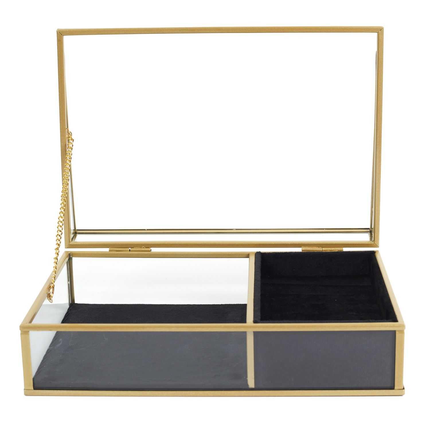HOME DECO FACTORY - HD0095 Boîte à Bijoux Verre Transparent et Velours Noir, Organisateur Chic, Design Sophistiqué, Protection Bijoux, Dimensions 25x15x10 cm, Noir