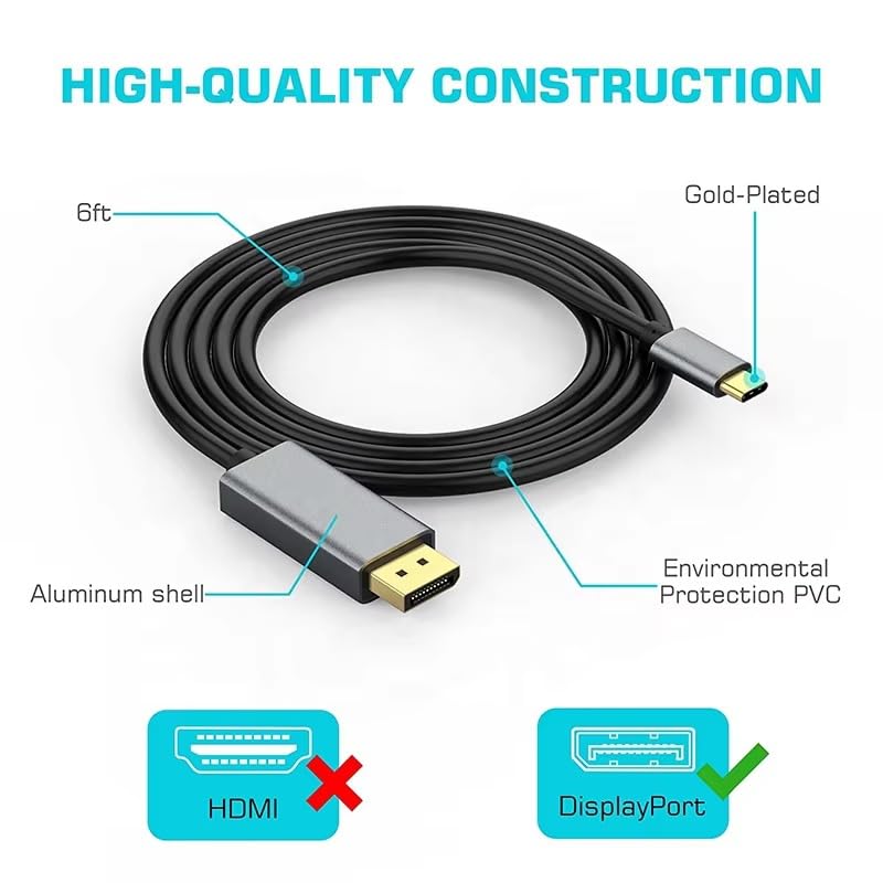 Image of MICROWARE USB C to DisplayPort 1.4 Cable 6FT 8K@60Hz, 4K@120Hz, USBC Type C to DisplayPort Unidirectional USB C to DP Compatible with Thunderbolt 5 /4 /3, MacBook Pro /Air, iPad, iPhone 17 /16, Mac mini