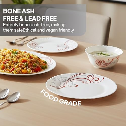 Image of Cello Opalware Imperial Series Red Swirl 10 Pieces Dinner Set | Opal Glass Crockery for 2 | Bone Ash-Free, Lightweight, Elegant White Plate & Bowl Set |Opalglass Dinner Set for Daily Use & Gifting
