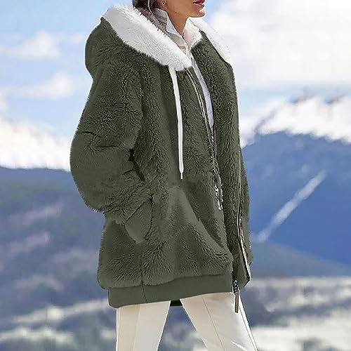 Fuzzy Fleece Jackets for Women Plus Size Hoodies Fall Winter Coats Color Block Patchwork Cardigan Coat with Pockets