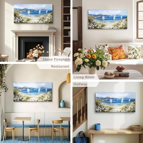 crmotu Beach Wall Art, Coastal Wall Decor, Large Landscape Wall Art, Beachy Wildflower Artwork for Walls, Seascape Sailboat Canvas Pictures for Living Room Bedroom Office Art Prints 24x48inch