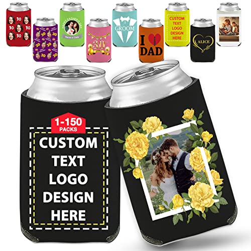 Up to 150pcs Custom Beer Can Cooler Sleeves Personalized Can Sleeve Bulk With Photo Logo Text Insulated Beverage Bottle Holder for Wedding Party Black 1PC
