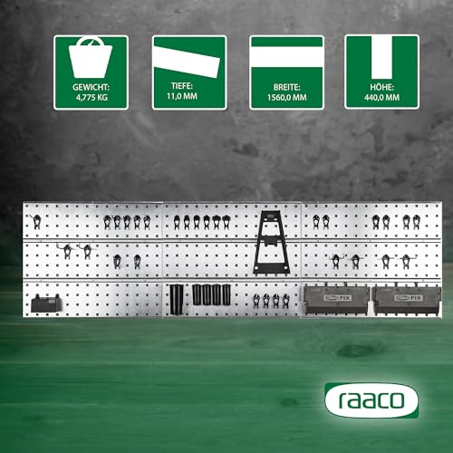 Raaco 3 TWP Set Verzinkte Werkzeugwand - Lochwand Werkstatt mit 44 SuperClips, 156 x 44 cm, 225 kg Tragfähigkeit, 3 Lochplatte, Werkzeughalter Wand, Werkstatt Ordnungssystem, Werkstatteinrichtung