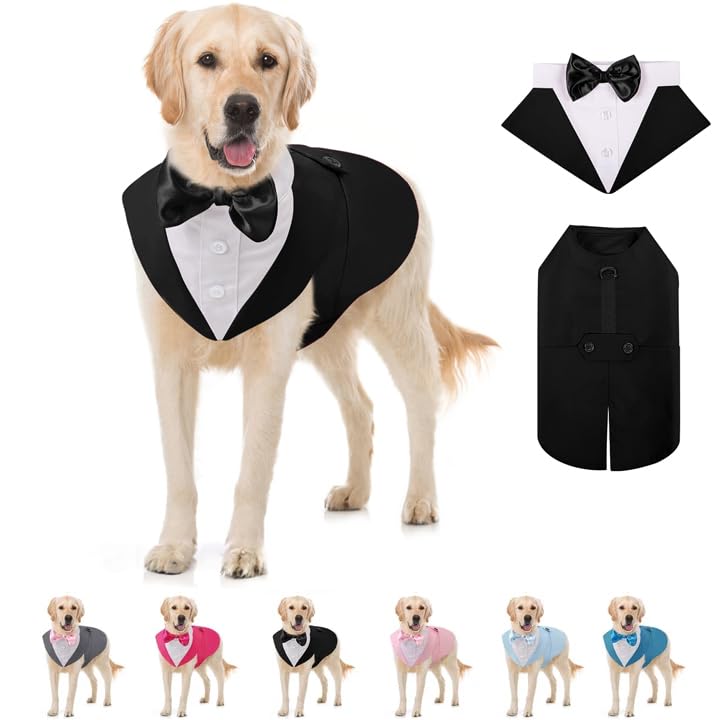 AOFITEE Dog Tuxedo Formal Dog Suit and Bandana Set, Gentle Dogs Wedding Party Suit Bow Tie Shirt, Tuxedo for Medium Dogs Costume Outfit with
