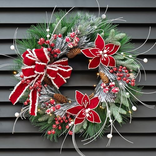 Christmas-Wreaths-for-Front-Door-Soomeir-Prelit-Poinsettia-Christmas-Wreath-with-Lights-Berries-and-Velvet-Bow-Lighted-Wreath-for-Holiday-Winter-Window-Outdoor-Indoor-Xmas Christmas Wreaths for Front Door Soomeir Prelit Poinsettia Christmas Wreath with Lights Berries and Velvet Bow Lighted Wreath for Holiday Winter Window Outdoor Indoor Xmas