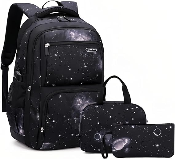 Boys Backpacks Primary Junior High School Bag Kids Bookbag 3 in 1 Casual Daypack Set Fashion Space Galaxy Printed Durable Knapsack with Lunch Bag,Travel Rucksack,Galaxy,Large,3 Pcs Set Backpack