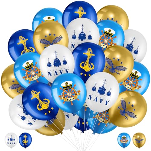 Skylety 24 Pcs Navy Party Balloons 250th Anniversary Gold White and Blue Balloons Memorial Independence Day Deployment Returning Back Military Army Retirement 250th Party Decorations for Birthday