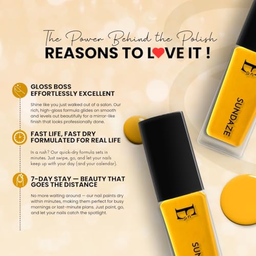 Image of Ellement Co Sundaze Nail Polish 10 ml in vibrant sunshine yellow shade offers high gloss salon finish | smooth streak free application, quick drying formula | and long lasting chip resistant wear| perfect for summer looks, vacations, beach days, casual outfits, and cheerful everyday nail styling.