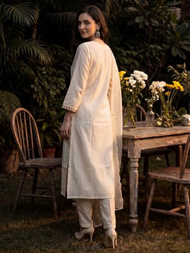 Image of INDO ERA Women's Silk Blend Floral Embroidered Thread Work Kurta & Pant with Dupatta Set (IEBBAI438)