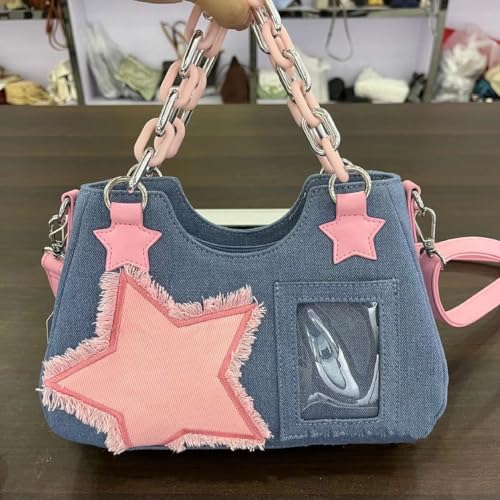 Cute Shoulder Bag Crossbody Bag for Women Y2K Star Patchwork Denim Messenger Bag Handbag for Teen Girls4