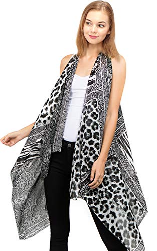CCFW Sleeveless Animal Printed Hem Open Front Cardigan Multi Scarf Vest (Black Multi)