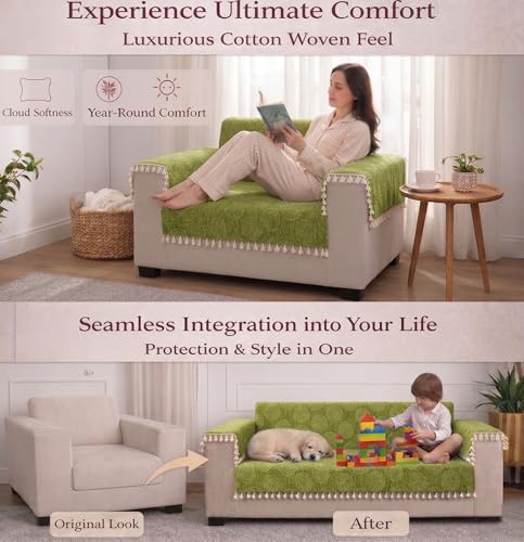Image of STITCHNEST Woven Fabric Sofa Cover 3 Seater with 2 Hand Rest Covers - Washable Green Sofa Cover with Tassels - Durable Premium Fabric - Stylish Sofa Protector for Living Room & Furniture Decor