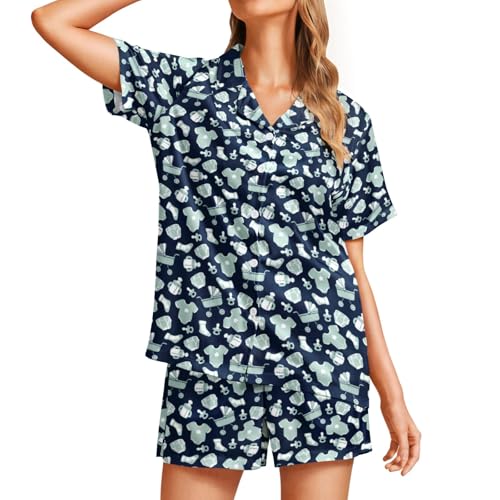 Image of Funny Pajamas for Women Set Print Satin Loungewear Pjs Short Sleeve Button Down Top and Shorts Sets Sleepwear XS-3XL