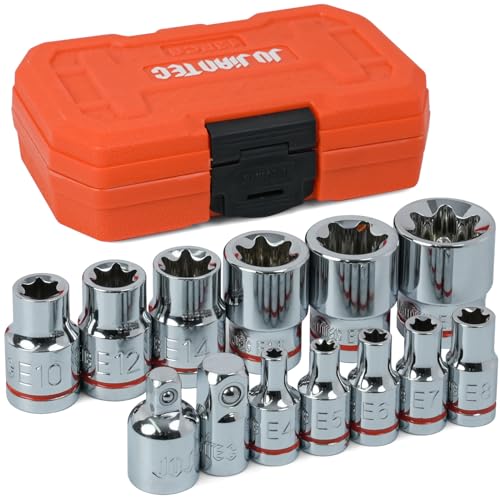 JU JIAN TEC 13-Piece E-Torx Socket Set with 6-Point Star Design - E4 to E20 Sizes, 1/4” & 3/8” Drive, Hardened CR-V Steel, Impact Wrench Compatible, Sturdy Molded Case