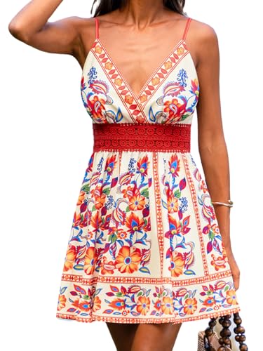 Image of CUPSHE Women Lace Summer Dress Adjustable Straps V Neck Cutout Waist Beach Vacation Mini Dress Floral Tropical Sun Dress