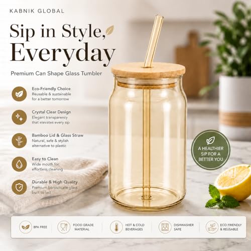 Image of Glass Tumblers with Wooden Lid and Glass Straw, 540ml, Borosilicate Glass, for Coffee, Iced Coffee, Juice and Smoothies, Coffee Mug, Sipper (Golden - Can Shape)